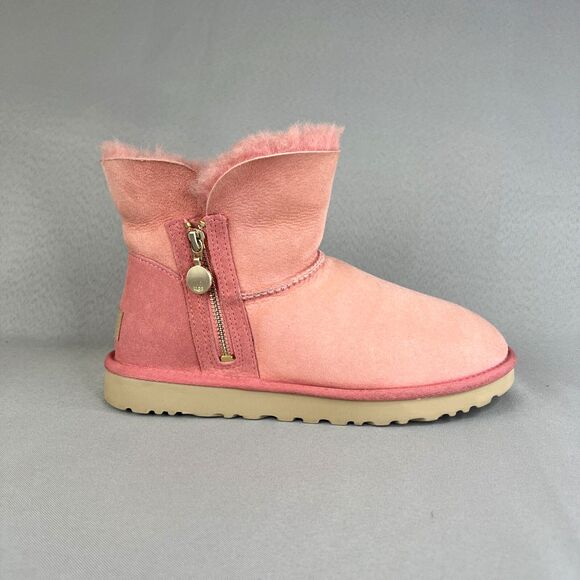 Womens UGG Australia Boots Sz 8 Bailey Mini Zip Pink Suede Wool Ankle Boho Shoes - Picture 5 of 16
